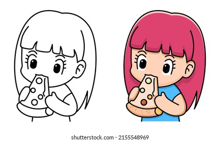 Cute Girl Eating Pizza Coloring Page For Kids