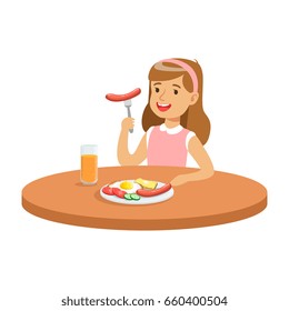 Cute girl eating sausage while having breakfast in the kitchen, colorful character vector Illustration