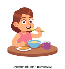 Cute girl eating. Smiling cute hungry toddler sits at table and eats delicious cereal or muesli with spoon, drinks tea on breakfast, healthy food for children, flat vector cartoon isolated character