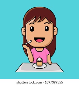 Cute girl eating sweet cupcake cartoon illustration