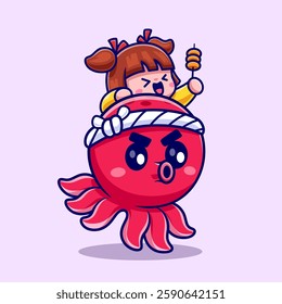 Cute Girl Eating Takoyaki On Octopus Cartoon Vector Icon Illustration. Animal Food Icon Concept Isolated Premium Vector. Flat Cartoon Style