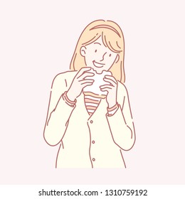 Cute girl eating toast in yellow knitted coat in line art