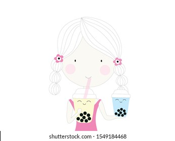 Cute girl eating two bubble tea cups isolated. Drink background