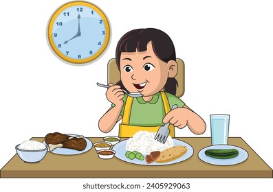 Cute girl eating vegetables, curd and salad in her dinner vector illustration