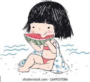 Cute girl eating  watermelon on beach. Summer theme.