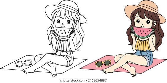 Cute girl eating watermelon on the summer beach coloring page isolated on white background. Summer holiday outline illustration