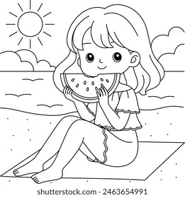 Cute girl eating watermelon on the summer beach coloring page. Summer holiday outline illustration