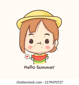 Cute girl eating watermelon. Summer holidays and vacation. Chibi cartoon character. Flat vector illustration