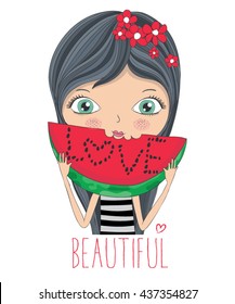 Cute girl eating watermelon vector design.