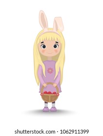 Cute girl egg hunting Vector. Easter rabbit years and eggs basket. Cartoon character illustration