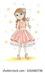 A cute girl in an elegant dress holds a magic wand in her hand, princess, fairy, holiday. Birthday. Vector illustration in cartoon style.