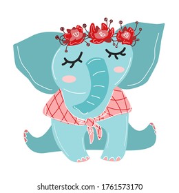 cute girl elegant, flat simple cartoon character illustration. funny print. blue and pink colours. flower wreath. scandy style. nursery poster