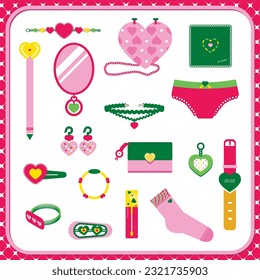 cute girl element trendy fashion style , beautiful trendy girl set vintage object design , cosmetic illustration vector set pink background , beautiful girl stuff fashion collection set