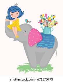 cute girl and elephant with a flower cartoon hand drawn vector illustration.