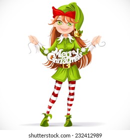 Cute girl elf with the words Merry Christmas garland