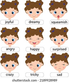 Cute girl emotions collection. Different emotional faces set. 