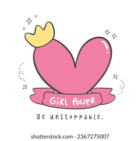 Cute Girl Empower Heart with Crown. Feminist Doodle Art, Colorful Cartoon Illustration of a Strong Empowered Girl