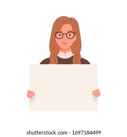 Cute girl with an empty placard in her hands isolated on white background. Young woman holding a blank sheet with a place for text. Vector illustration in flat cartoon style