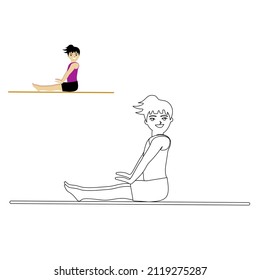 A cute girl is engaged in fitness, aerobics and yoga. cheerful smiling child on a mattress goes in for sports linear vector illustration. Coloring book for children.