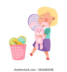 Cute Girl Engaged in Picking Up Toys Vector Illustration