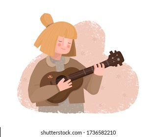 A cute girl enthusiastically plays a small acoustic guitar. Vintage musical instrument. Vector illustration in flat style. Abstract background with hand drawn floral pattern. Poster design, sticker.
