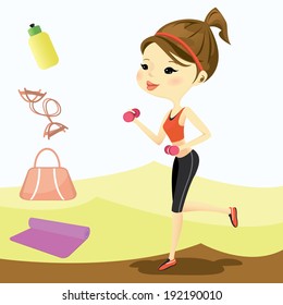 Cute Girl Exercising With Dumbbells, vector illustrator