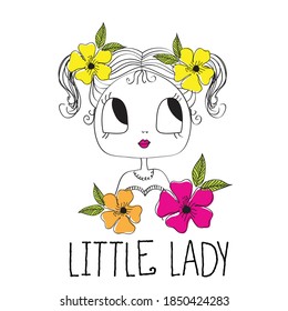 cute girl with exotic flowers on white background vector illustration