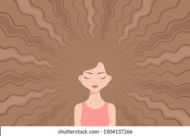 Cute girl with eyes closed, and thick endless fair-haired brown wavy hairs around her. Concept of hair care, hairdressing, hair cutting, healthy hairs and beauty trends