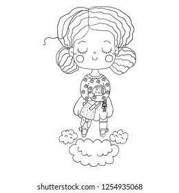 Cute girl with eyes closed with a toy in her arms, sleeping girl on a cloud