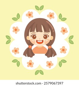 Cute girl face with flowers vector illustration. Cartoon character. Perfect for sticker, card, mug, t-shirt, and more.