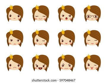 Cute girl face with gold crown showing the different emotions vector illustration. Vector set of emoji and emoticons