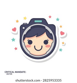 Cute girl face inside a digital camera lens sticker with stars and hearts