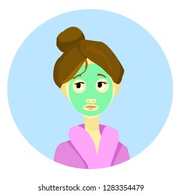 Cute girl with face mask in bath robe .Pretty young woman doing skin care treatment. Vector Illustration 