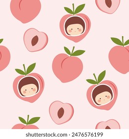 cute girl face with peaches , peaches and half peaches  seamless pattern , vector illustration