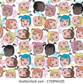 cute girl face seamless pattern vector illustration