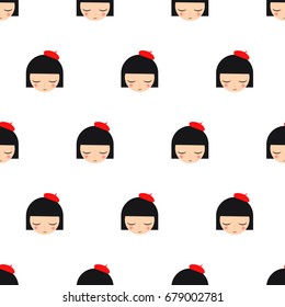 Cute girl face seamless pattern on white background. Child drawing style vector background. Trendy design for textile, card, poster, print, decor, fabric.