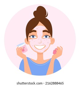 Cute girl with facial cosmetic mask. Bubble mask with raspberries. Vector illustration isolated on white background.