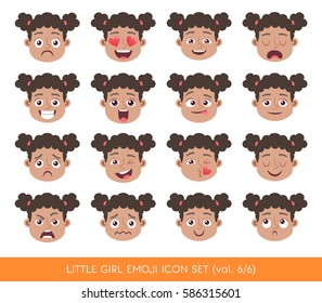 Cute girl facial emotions set. Black girl head with different expressions. Vector illustration in cartoon style. Set 6 of 6.