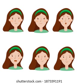 Cute girl facial expresstion set.Vector illustration. Different girl emotions set