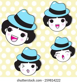 Cute Girl Facial's Expressions Characters illustration set 