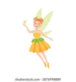 Cute Girl Fairy with Butterfly, Lovely Flying Winged Elf Princesses in Orange Pretty Dress Cartoon Style Vector Illustration