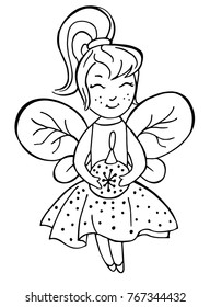 Cute girl in fairy costume with a christmas ball outlined for coloring page.
