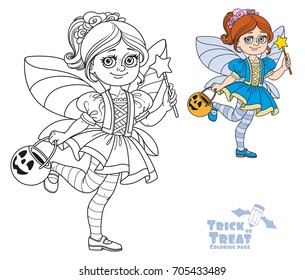 Cute girl in fairy costume holding a pumpkin bag for sweets  trick or treat color and outlined for coloring page