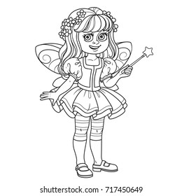 Cute girl in fairy costume  with a magic wand outlined for coloring page