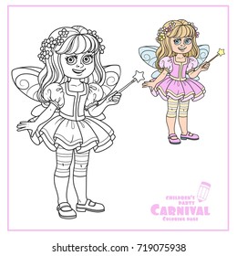 Cute girl in fairy costume  with a magic wand color and outlined for coloring page