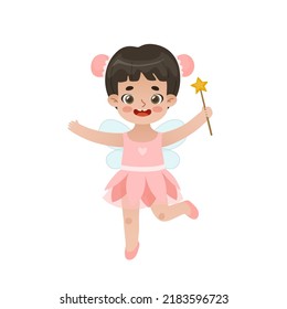 Cute girl in fairy costume with wings and magic wand. Cartoon happy child in halloween costume.