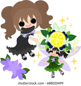 A cute girl and a cute fairy and crown of lemons