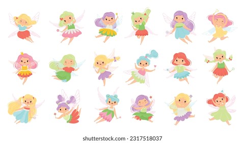 Cute Girl Fairy Flying and Fluttering with Wings and Magic Wand Vector Set