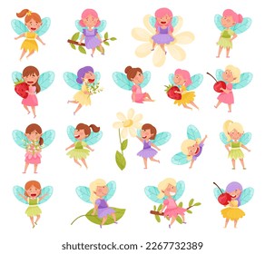 Cute Girl Fairy Fliegend mit Flügeln unter Blume und Natur Big Vector Set