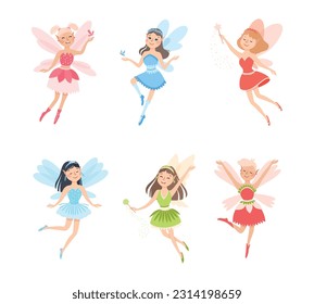 Cute Girl Fairy Flying with Wings and Magic Wand Vector Set